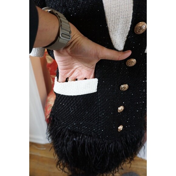 Tuxedo Style Sparkle Tweed Mini Dress with Fringe Feather Hem Sz M (6/8) - Picture 7 of 16